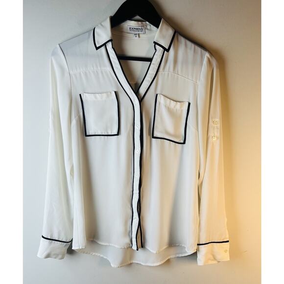 Express Portofino Shirt Womens Size S White Black Trim Long Sleeve Sheer Pockets - Picture 2 of 10